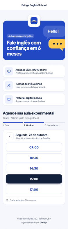 Escolha do horário com duração e fuso
