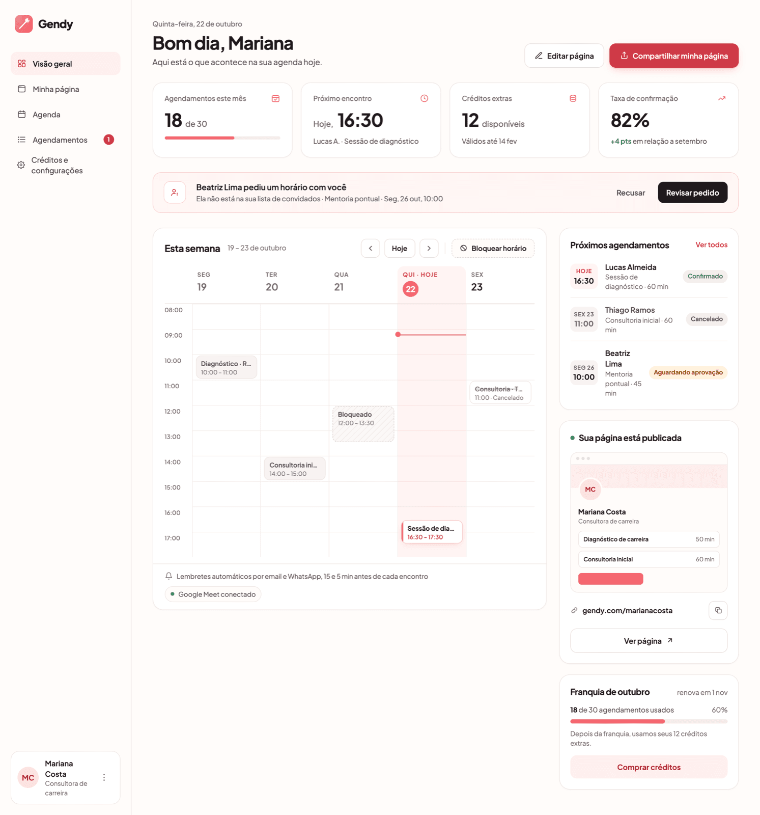 Painel do Gendy com agenda semanal e próximos agendamentos
